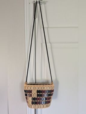 Handmade Beaded Tri- Color Bamboo Shoulder Bag in Natural, Black & Brown